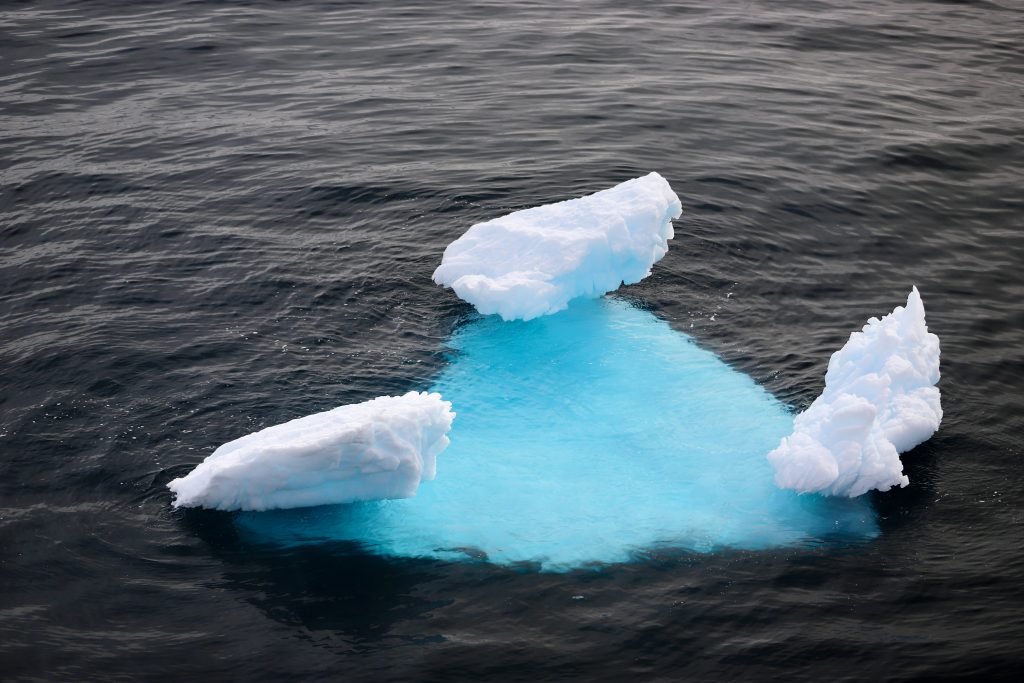 Three partially submerged chunks of ice float in dark, rippling water. The ice has a bright blue hue beneath the surface, contrasting with the white, snowy tops—a mesmerizing scene often explored on Luxury Antarctica Cruises.