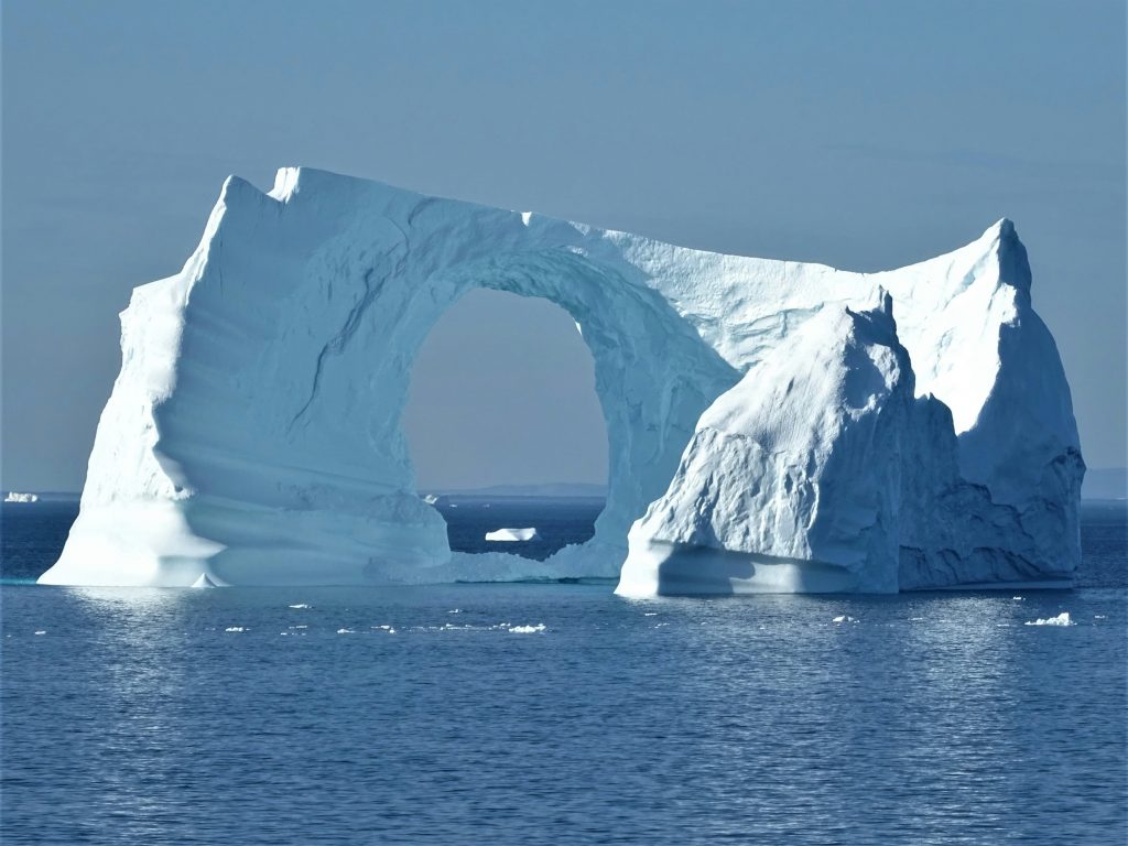 Icebergs from the Kangia Glacier, breaking off and drifting south through Baffin Bay towards the North Atlantic