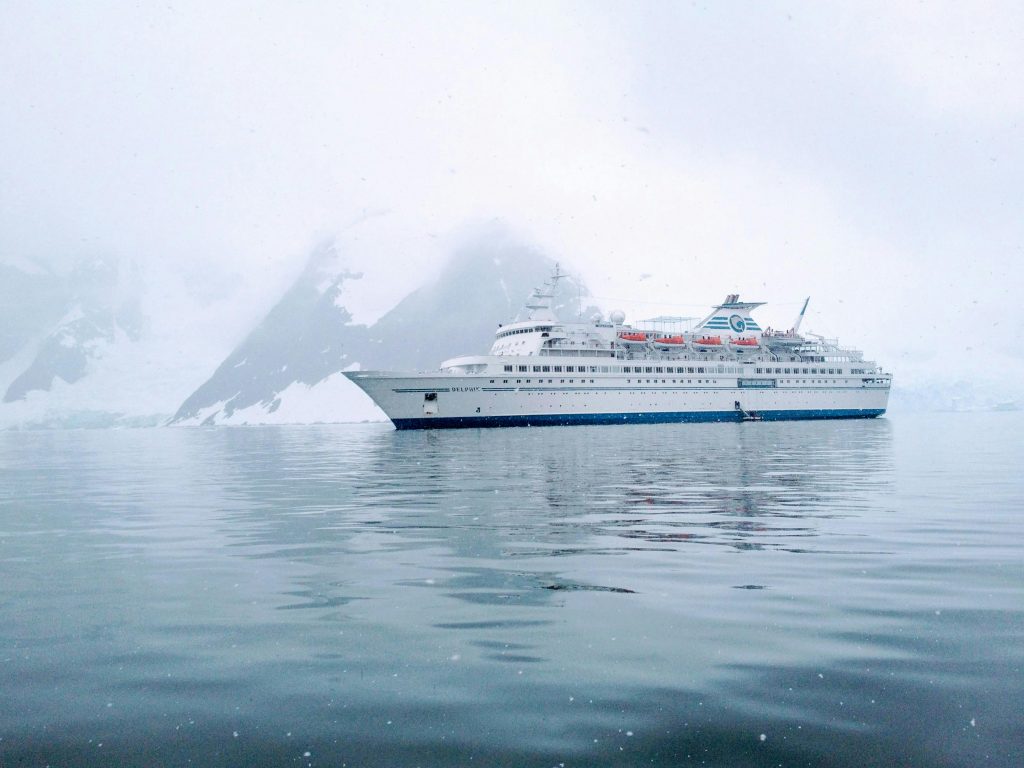 Cruise ship in Icy waters of Antarctica or Arctic