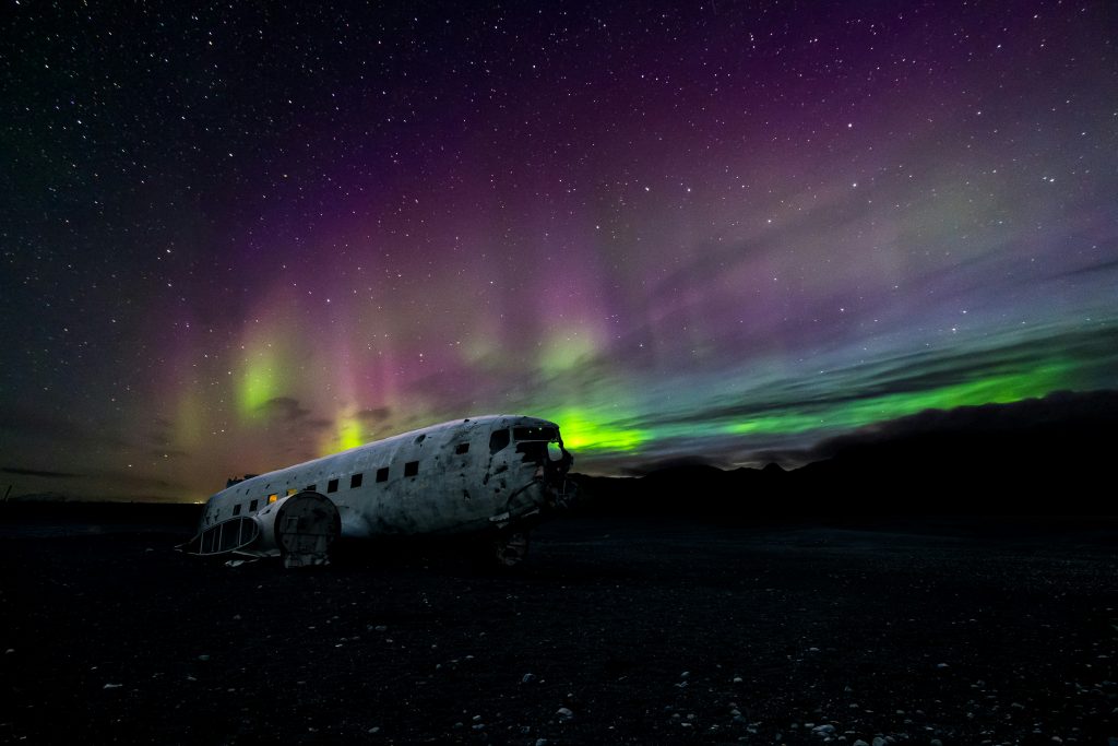 Northern Lights at the Solheimasandur Plane Wreck, Iceland