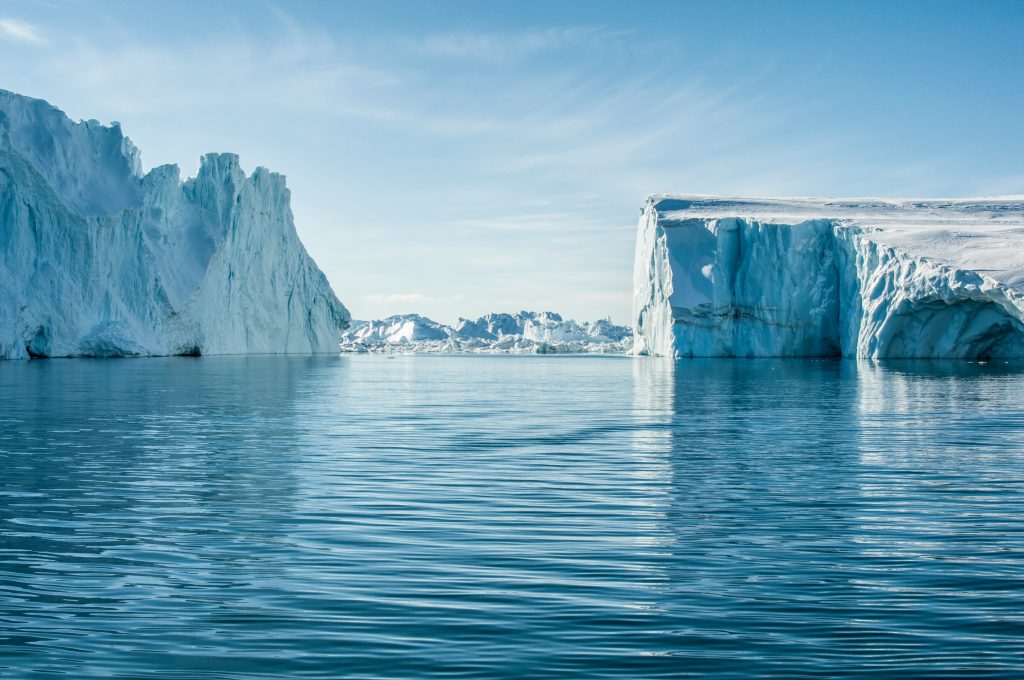 Glaciers in icy ocean, Ilulissat Icefjord, Greenland
