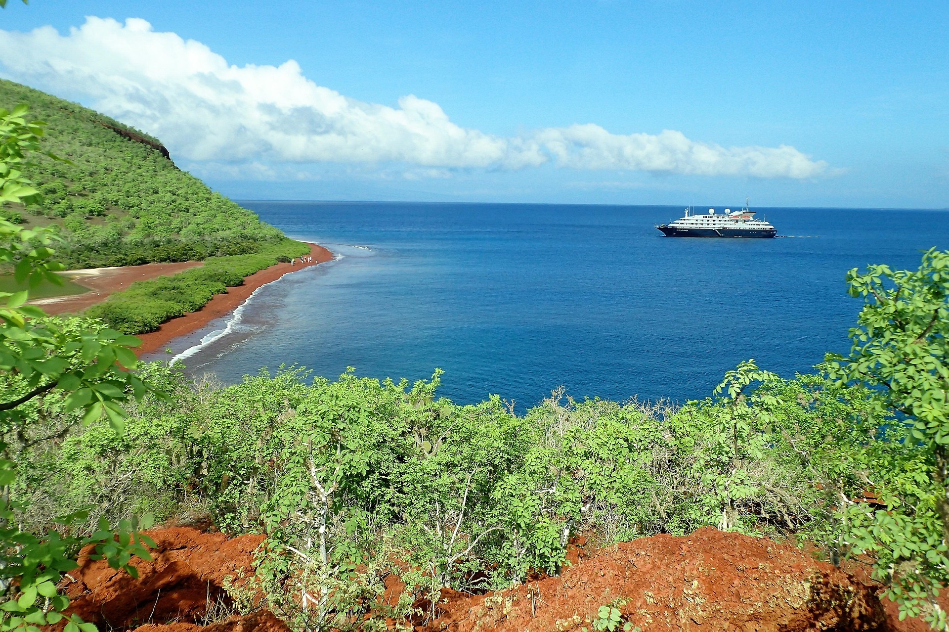 View of a lush green coastline with red soil, clear blue ocean water, and a large cruise ship anchored near the shore under a partly cloudy sky—perfect for those dreaming of Svalbard Cruises 2026 adventure.
