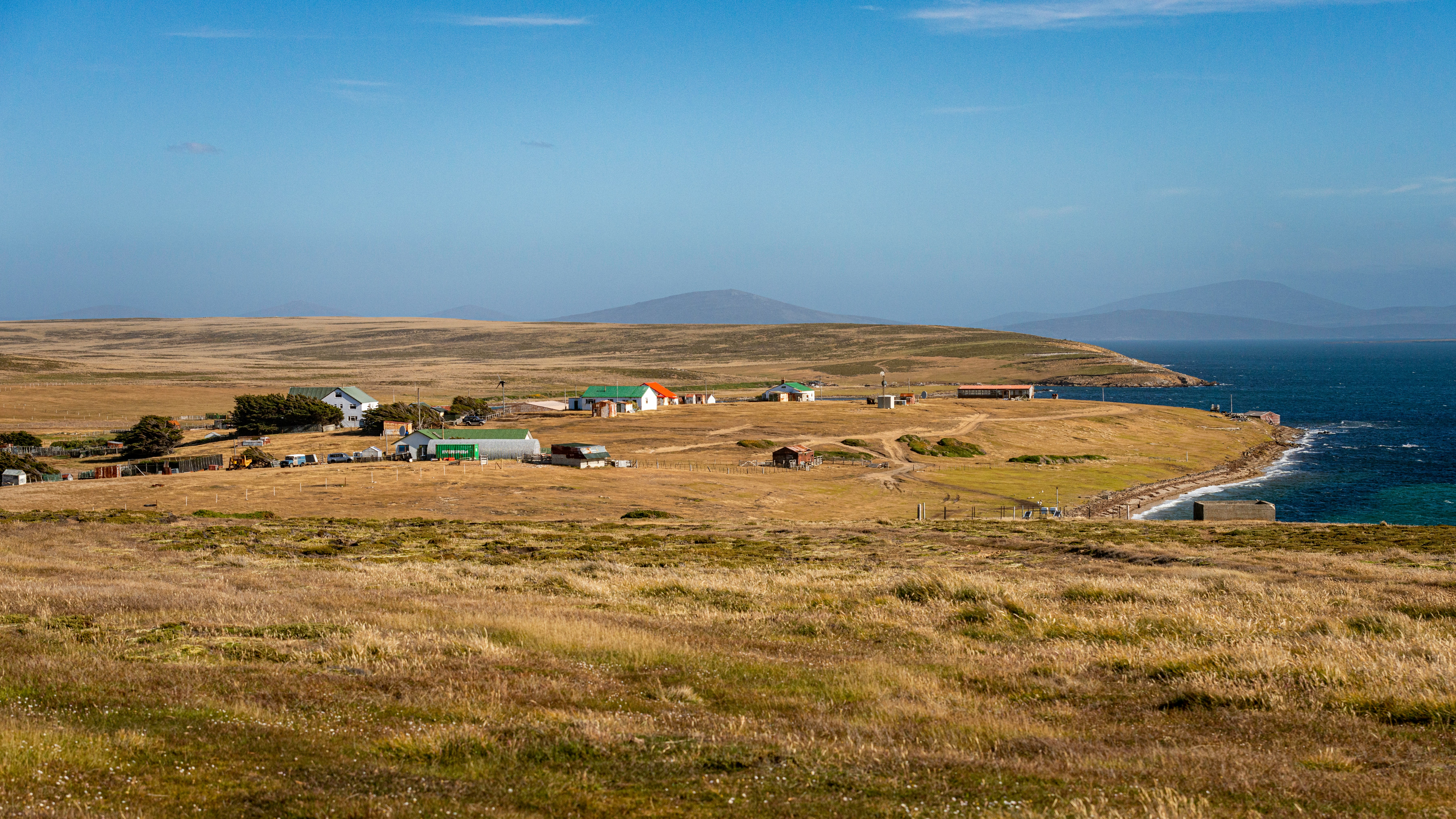 A small coastal settlement with scattered houses and green fields sits beside the blue sea under a clear sky, where distant hills and local wildlife, including types of seals in Alaska, can be seen in the background.